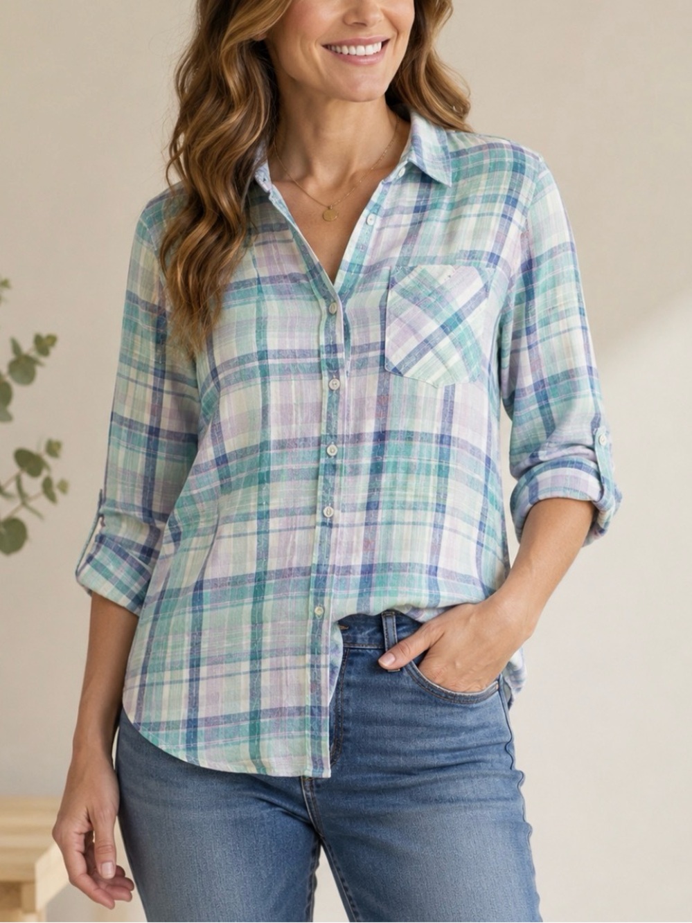 Zac & Rachel Pastel Plaid Women’s Sz Button-Front Shirt Pastel Stripe Casual